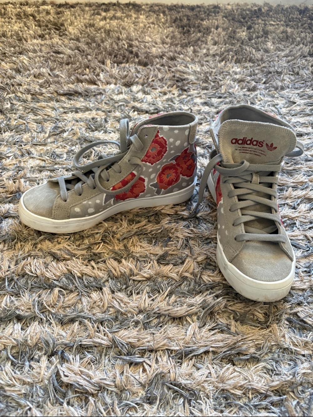 adidas Gray High-Top Suede Canvas Sneakers with Red Floral Accents 6